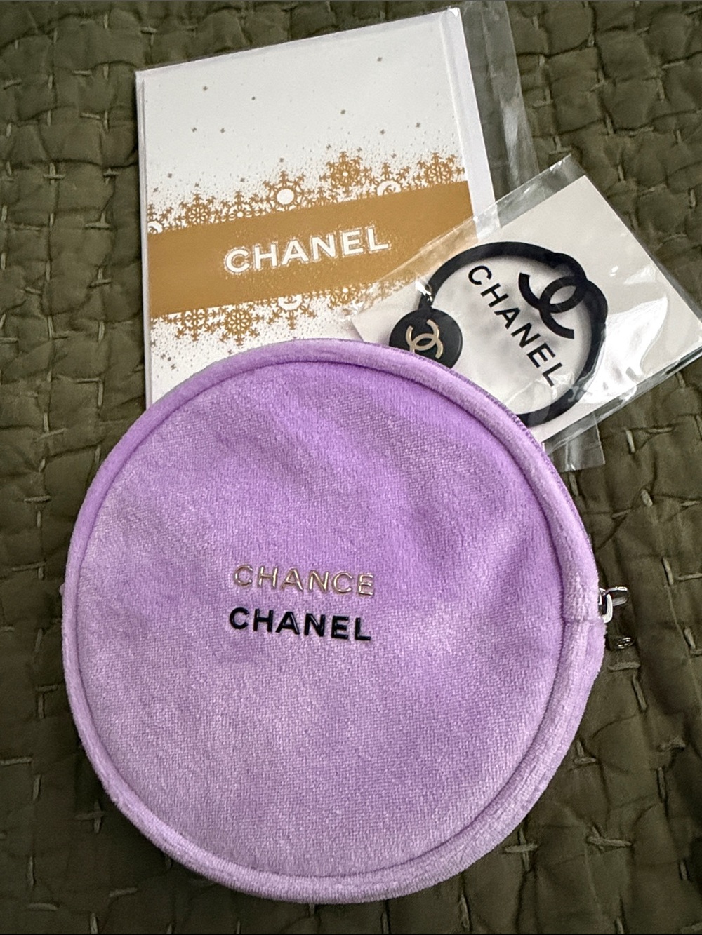 CHANEL Chance Lavender Velvet Round Pouch with Gold Logo (GWP) 5 items Total